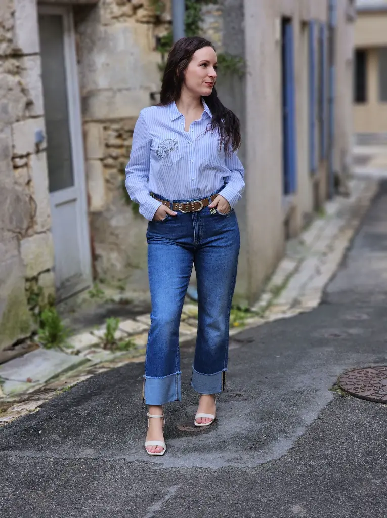 TandM.Veste troisquart double boutonnage coton touché irrégulier poches zippés doublure imprimée IKKS Chemise coton rayures IKKS Jean 7 8 eme coupe straight 5-min.webp